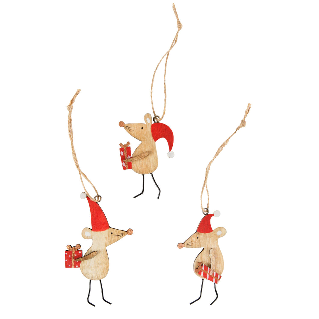 Christmas Mice Wooden Hanging Decoration (3 Pack)