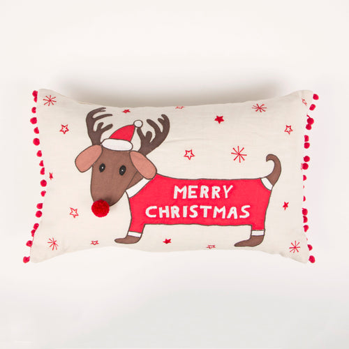 Merry Daschund with Antlers Cushion